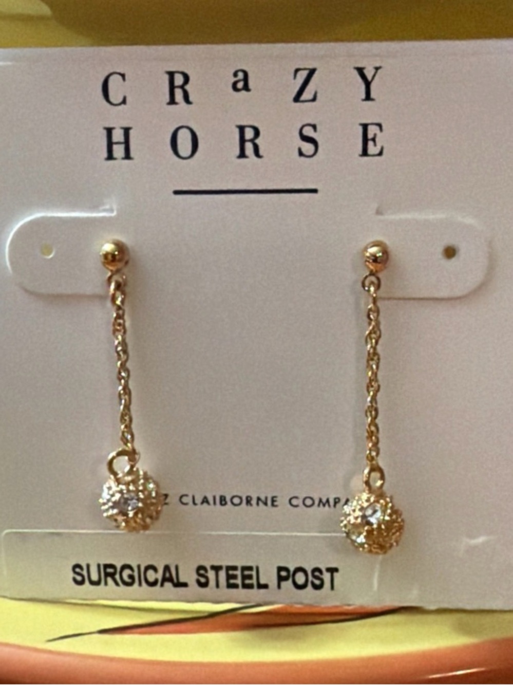 Liz Claiborne Gold Chain Drop Earrings with Crystal Ball Accent